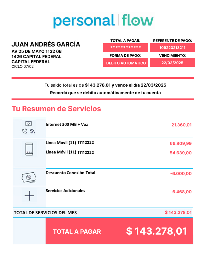 Factura de servicio antes del descuento por un total de $143.278,01